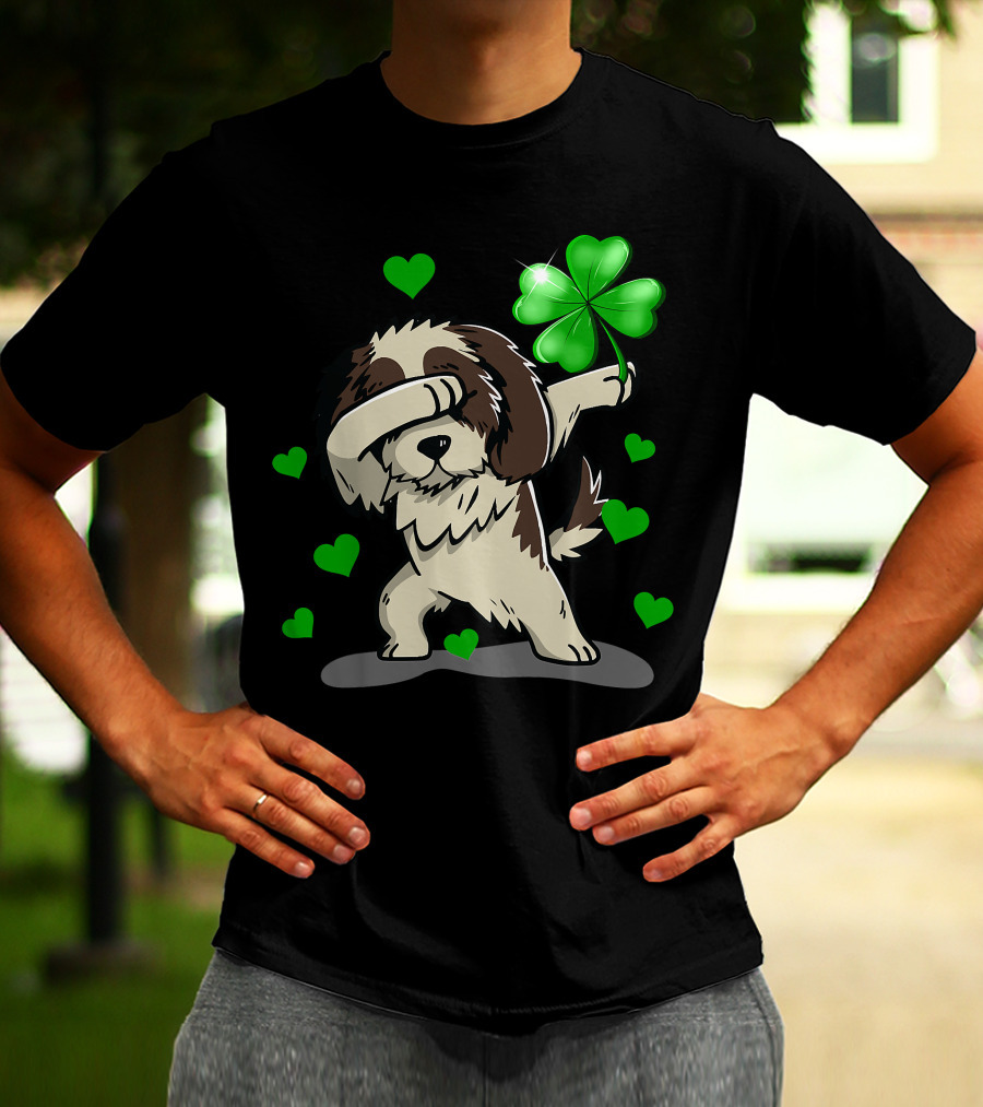 Shih Tzu Dabbing With Green Shamrock And Hearts T-Shirt