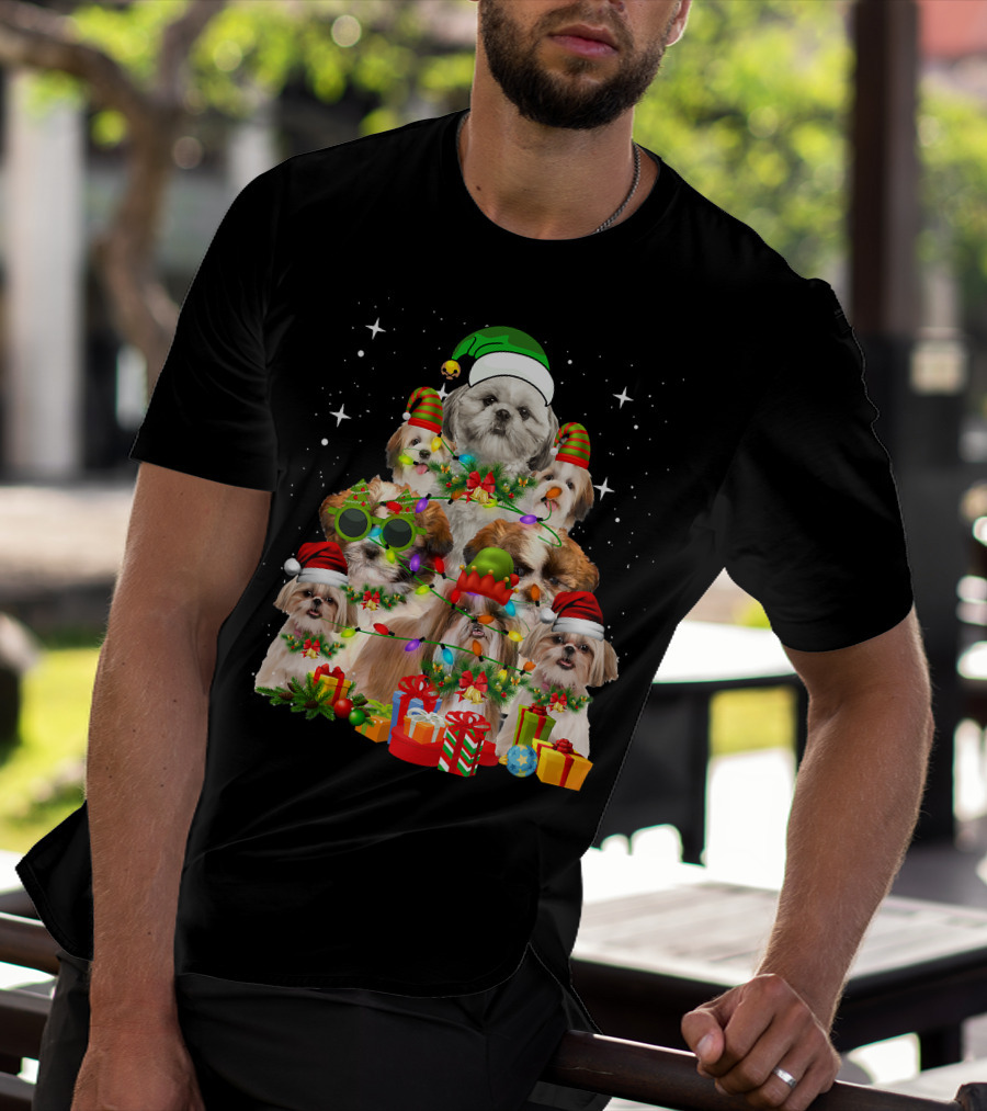 Shih Tzu Dog Christmas Tree With Presents And Santa Hats T-Shirt