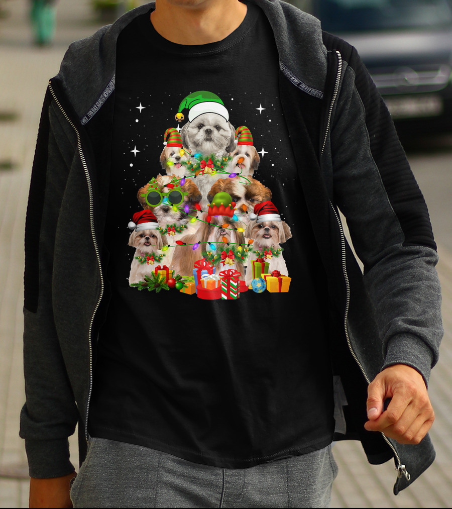 Shih Tzu Dog Christmas Tree With Presents And Santa Hats T-Shirt