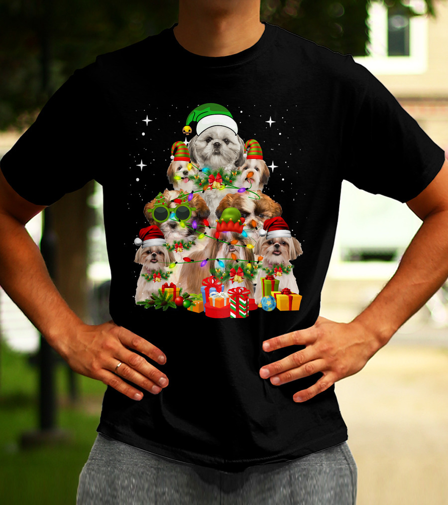 Shih Tzu Dog Christmas Tree With Presents And Santa Hats T-Shirt