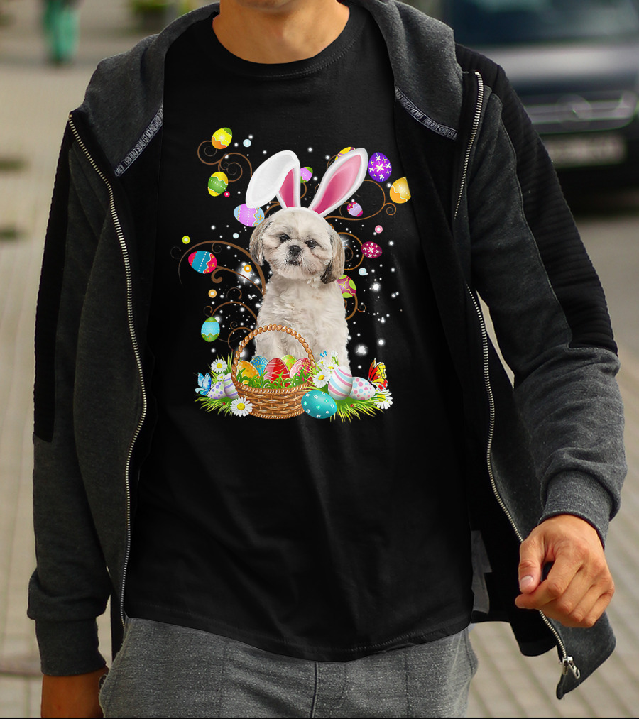 Shih Tzu Dog Bunny Ears With Colorful Easter Eggs Basket Fun Easter Day T-Shirt