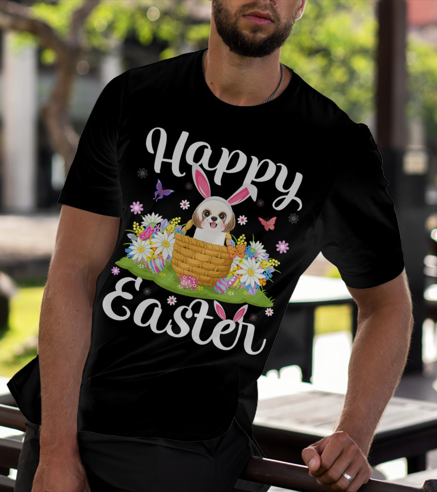 Shih Tzu Dog With Bunny Ears In Easter Egg Basket With Flowers And Butterflies T-Shirt