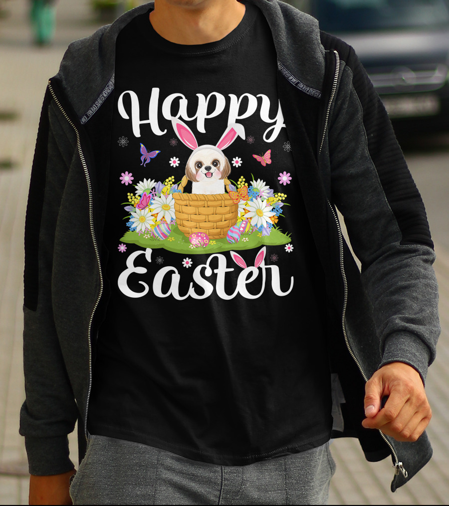 Shih Tzu Dog With Bunny Ears In Easter Egg Basket With Flowers And Butterflies T-Shirt