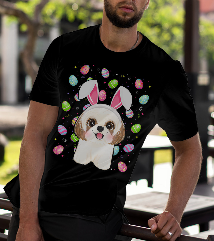 Shih Tzu Dog With Easter Eggs And Bunny Ears Funny Easter Lover Image T-Shirt