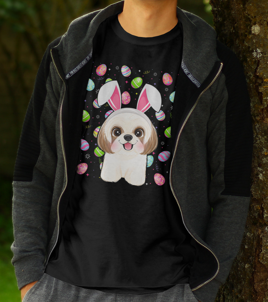 Shih Tzu Dog With Easter Eggs And Bunny Ears Funny Easter Lover Image T-Shirt