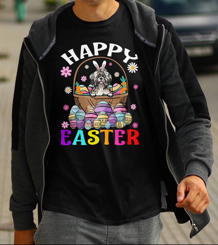 Shih Tzu Easter Bunny Dog With Colorful Eggs And Basket T-Shirt