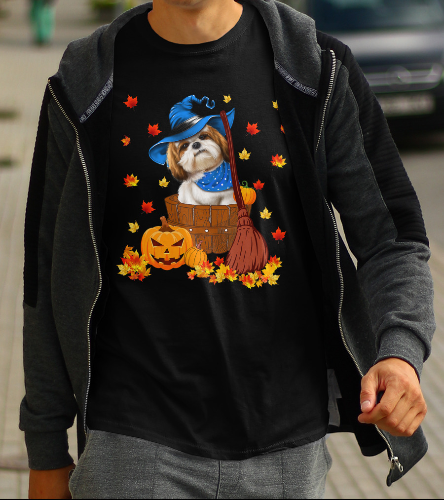 Shih Tzu Dog In Witch Hat Surrounded By Pumpkins And Leaves For Halloween T-Shirt