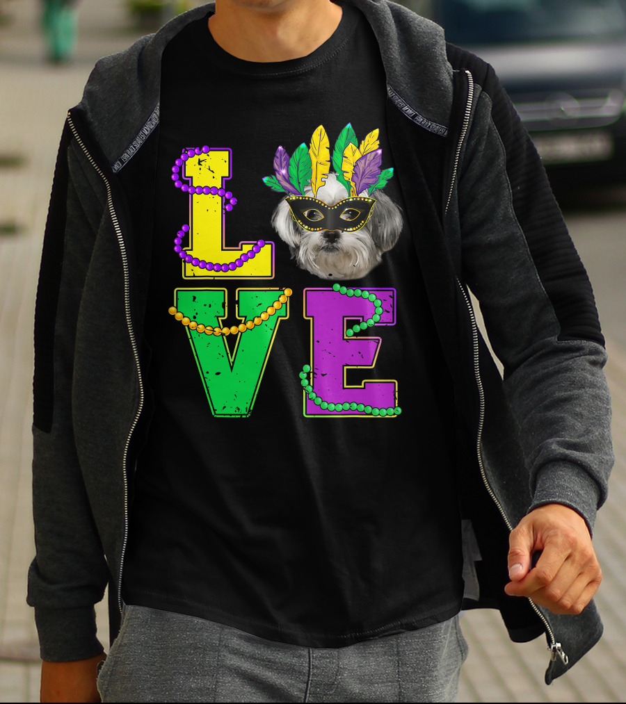 Shih Tzu Puppy Love Mardi Gras Beads Mask T-Shirt