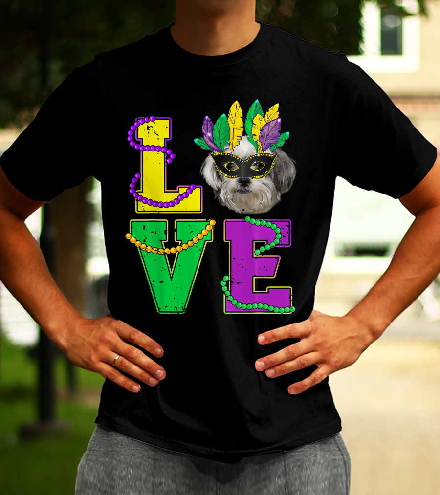 Shih Tzu Puppy Love Mardi Gras Beads Mask T-Shirt