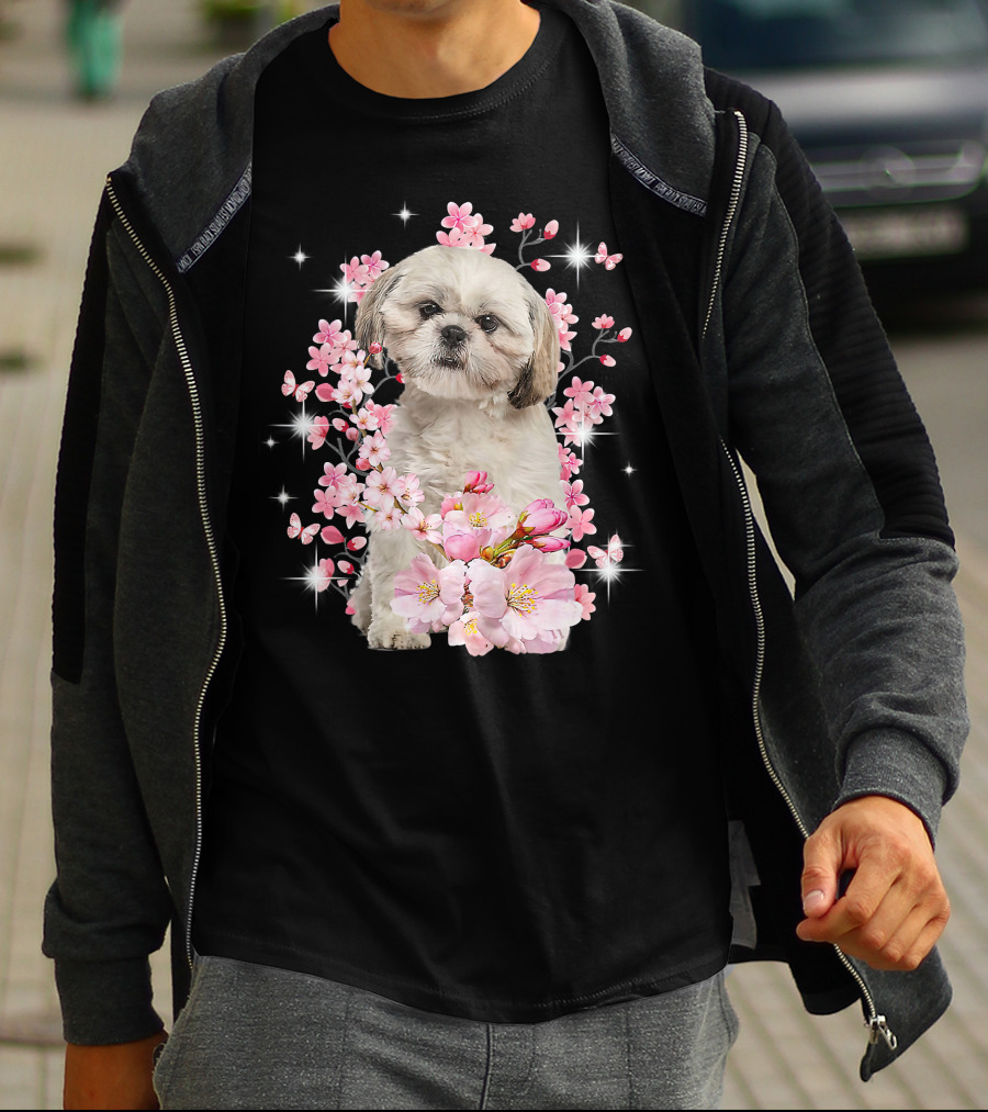 Shih Tzu Dog Sakura Japanese Cherry Blossom T-Shirt