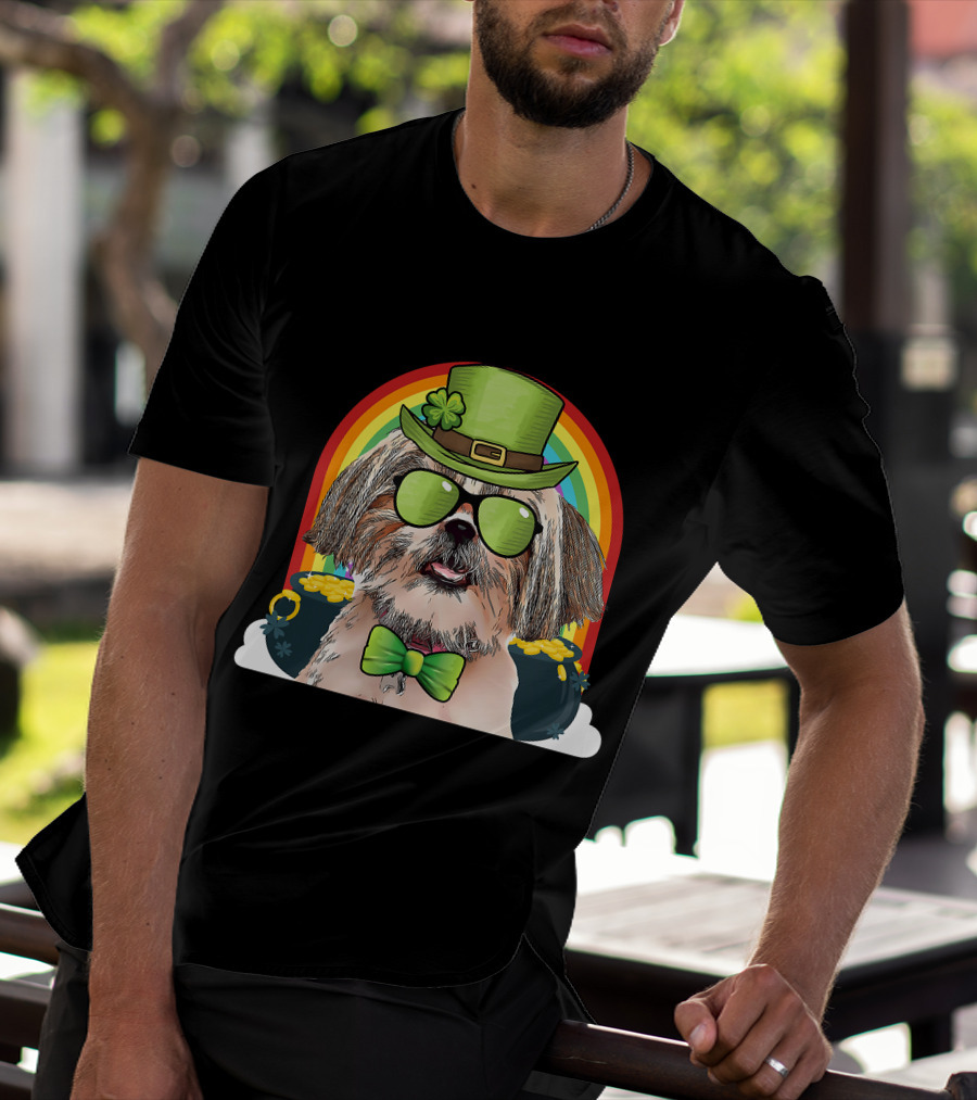 Shih Tzu Dog Leprechaun Rainbow Coins Bow Tie Sunglasses T-Shirt