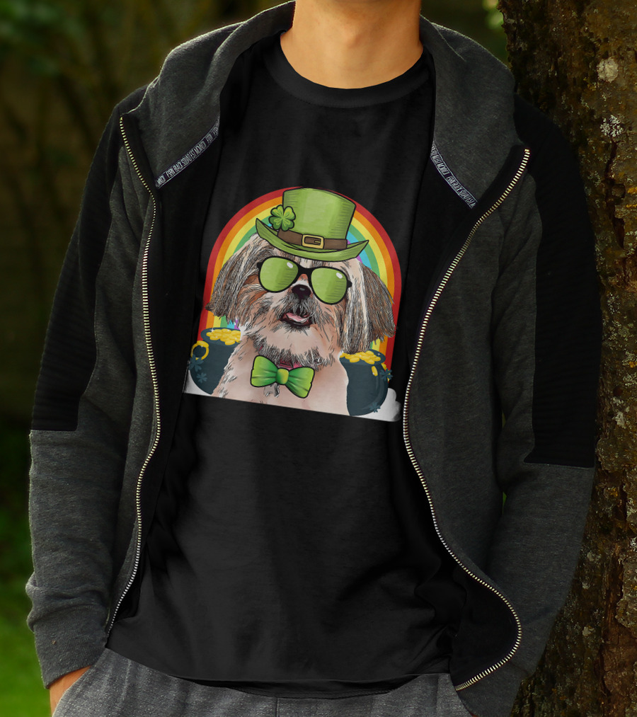 Shih Tzu Dog Leprechaun Rainbow Coins Bow Tie Sunglasses T-Shirt