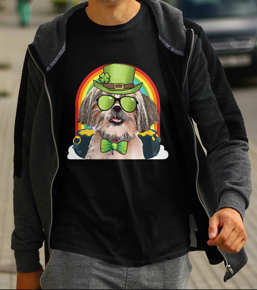 Shih Tzu Dog Leprechaun Rainbow Coins Bow Tie Sunglasses T-Shirt
