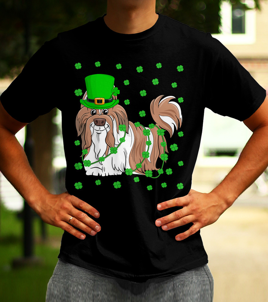 Shih Tzu Dog Lover St. Patrick's Day Leprechaun Hat And Clover T-Shirt