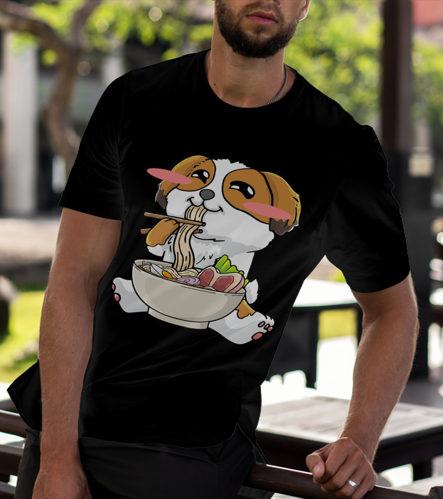 Shih Tzu Dog Enjoying Ramen Noodles With Kawaii Cute Blush Cheeks T-Shirt