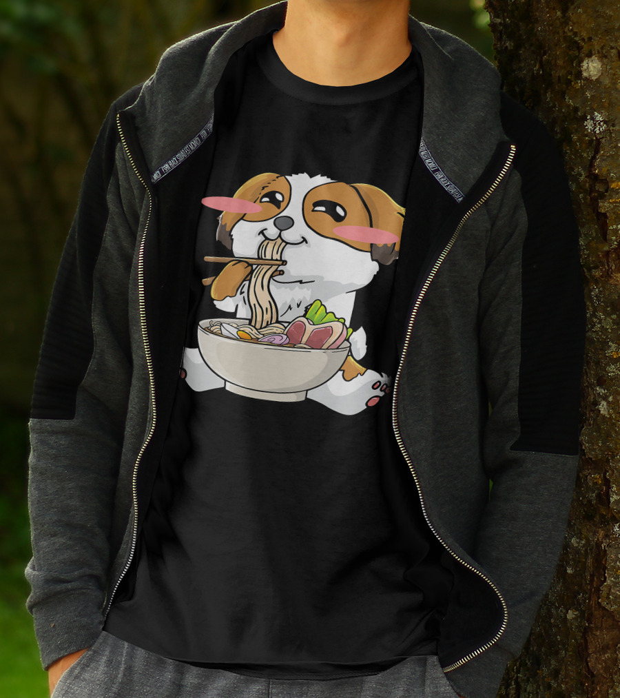 Shih Tzu Dog Enjoying Ramen Noodles With Kawaii Cute Blush Cheeks T-Shirt