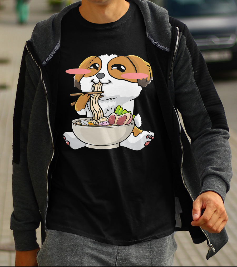 Shih Tzu Dog Enjoying Ramen Noodles With Kawaii Cute Blush Cheeks T-Shirt