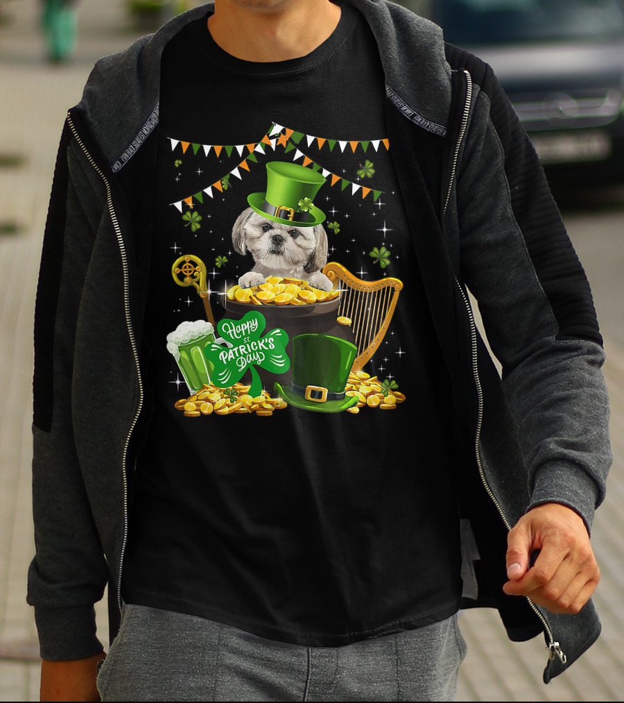 Happy St Patrick's Day Shih Tzu Dogs Lover Funny Irish Shamrock Hat T-Shirt
