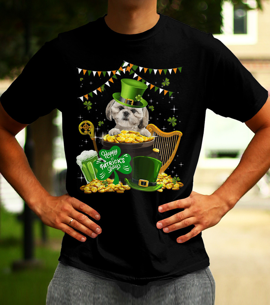 Happy St Patrick's Day Shih Tzu Dogs Lover Funny Irish Shamrock Hat T-Shirt