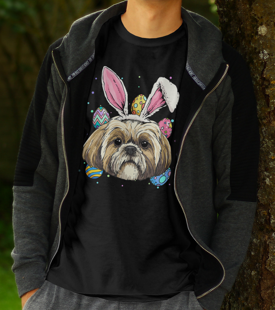 Shih Tzu Easter Bunny Dog Pet Owner Breeder Animal With Colorful Eggs T-Shirt