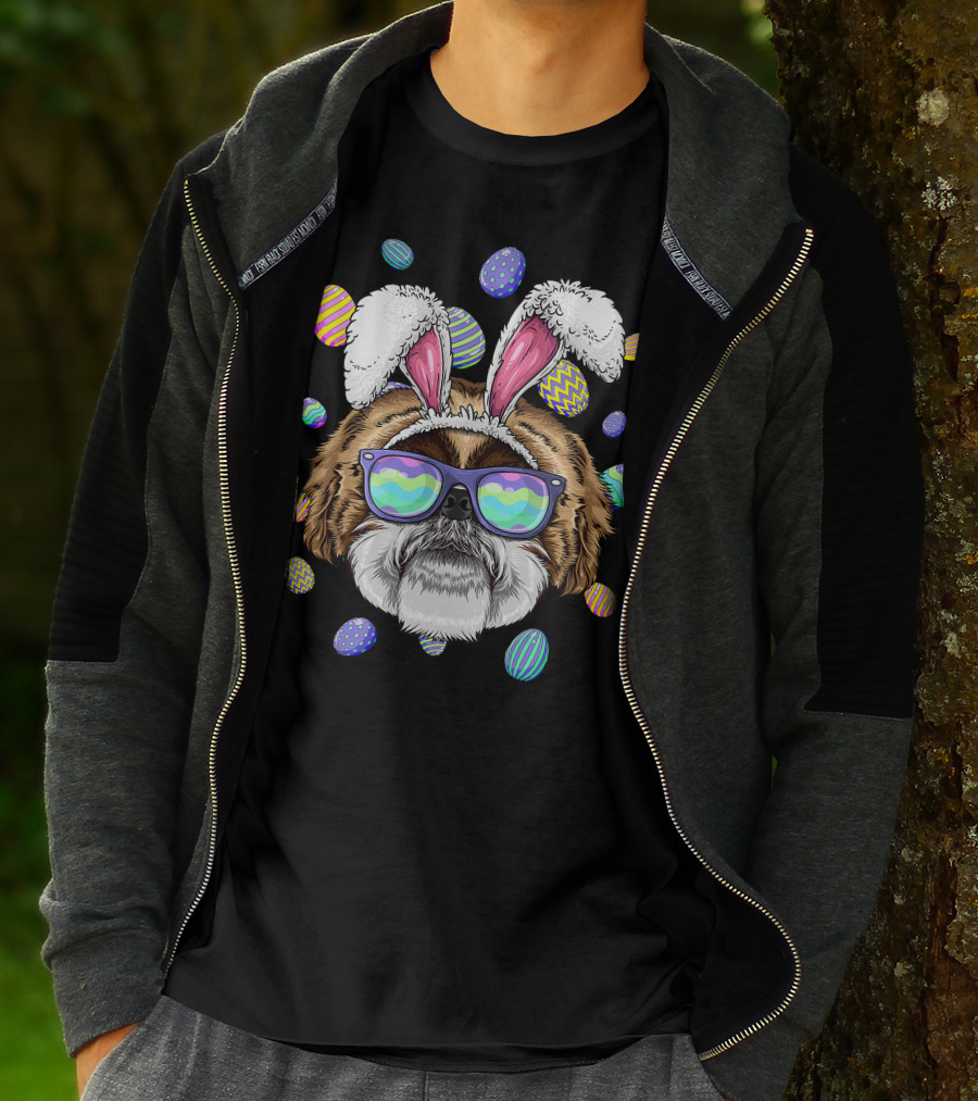 Shih Tzu With Bunny Ears And Sunglasses Surrounded By Colorful Easter Eggs T-Shirt