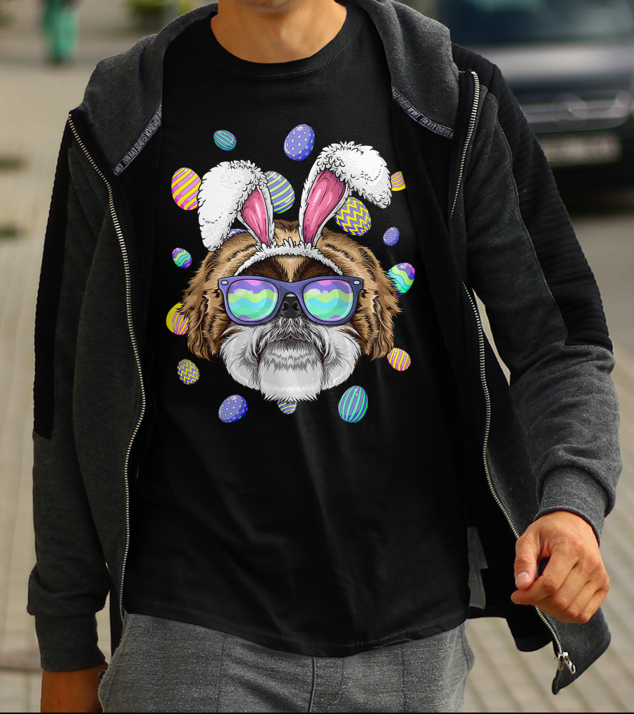 Shih Tzu With Bunny Ears And Sunglasses Surrounded By Colorful Easter Eggs T-Shirt