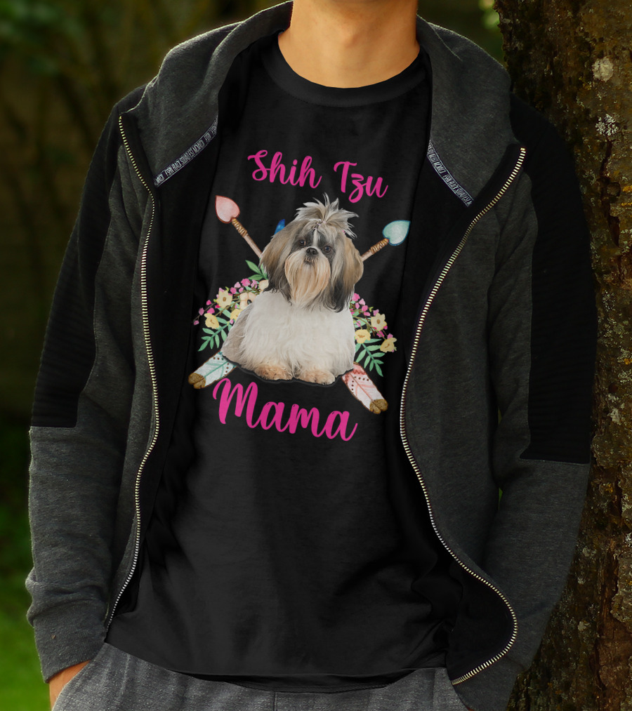 Shih Tzu Mama Cute Mama Dog Lover With Floral And Arrow Accents T-Shirt