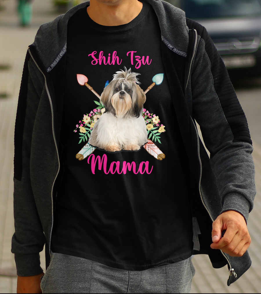 Shih Tzu Mama Cute Mama Dog Lover With Floral And Arrow Accents T-Shirt