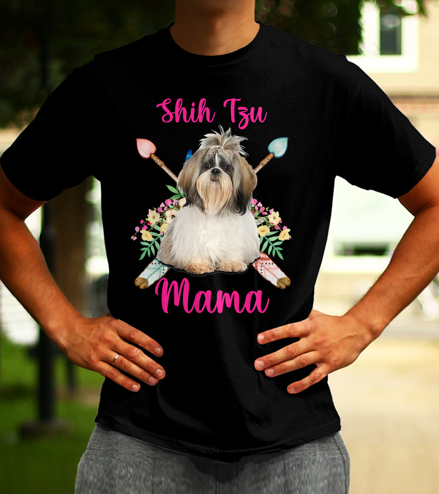 Shih Tzu Mama Cute Mama Dog Lover With Floral And Arrow Accents T-Shirt