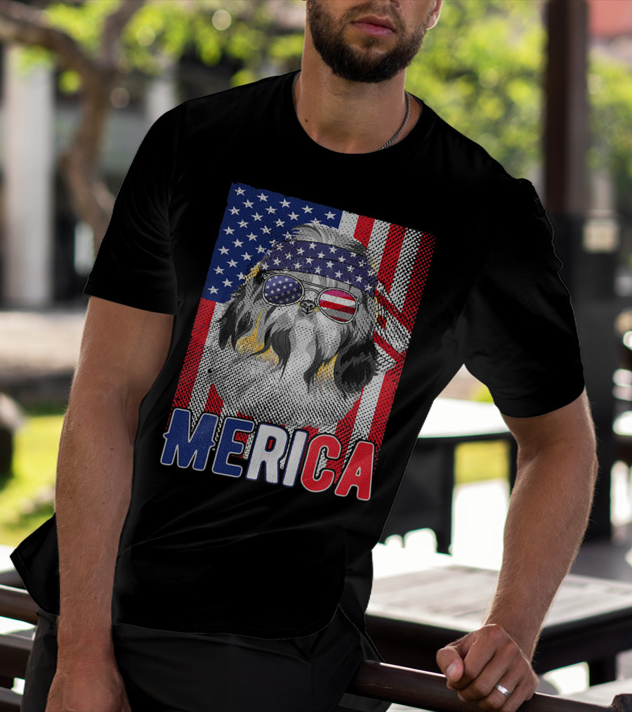Shih Tzu Merica USA American Flag Patriotic Boys 4 Glasses Headband Stars Stripes T-Shirt