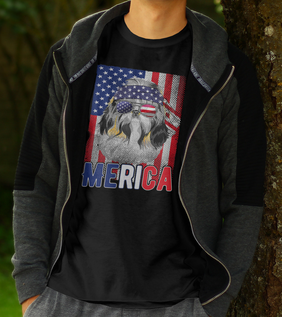 Shih Tzu Merica USA American Flag Patriotic Boys 4 Glasses Headband Stars Stripes T-Shirt