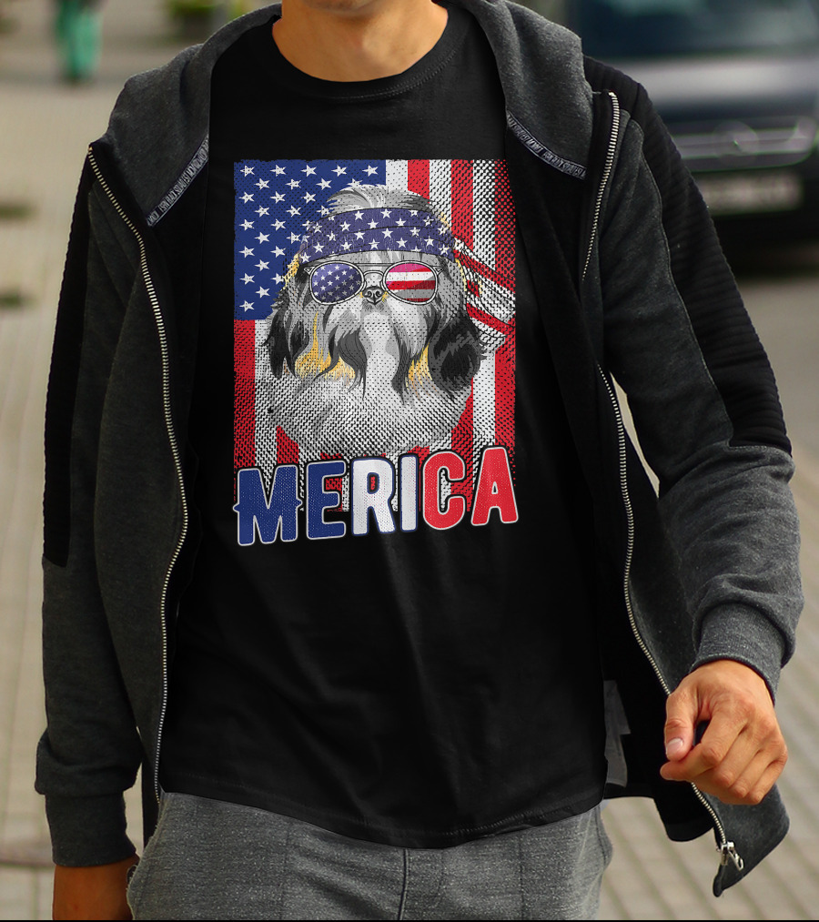 Shih Tzu Merica USA American Flag Patriotic Boys 4 Glasses Headband Stars Stripes T-Shirt