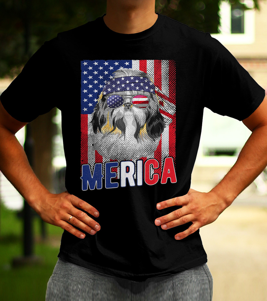 Shih Tzu Merica USA American Flag Patriotic Boys 4 Glasses Headband Stars Stripes T-Shirt