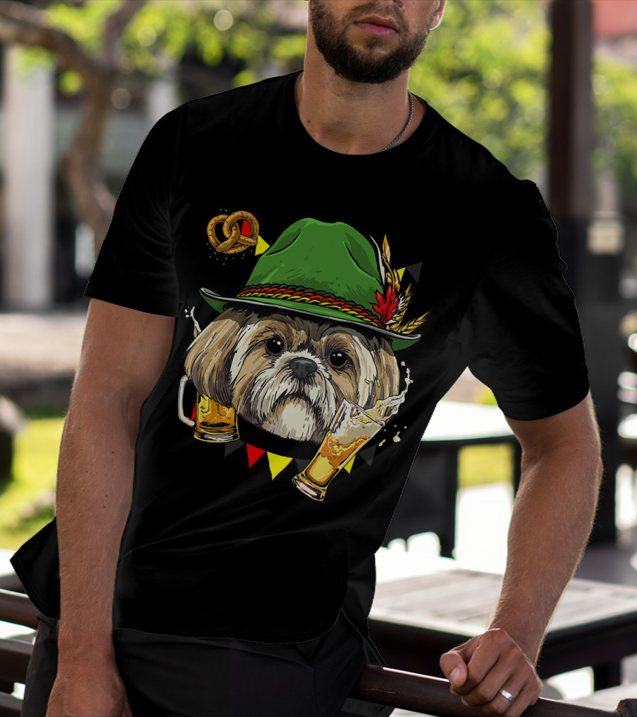 Shih Tzu Oktoberfest Dog With Lederhosen Hat And Beer German Pretzel T-Shirt