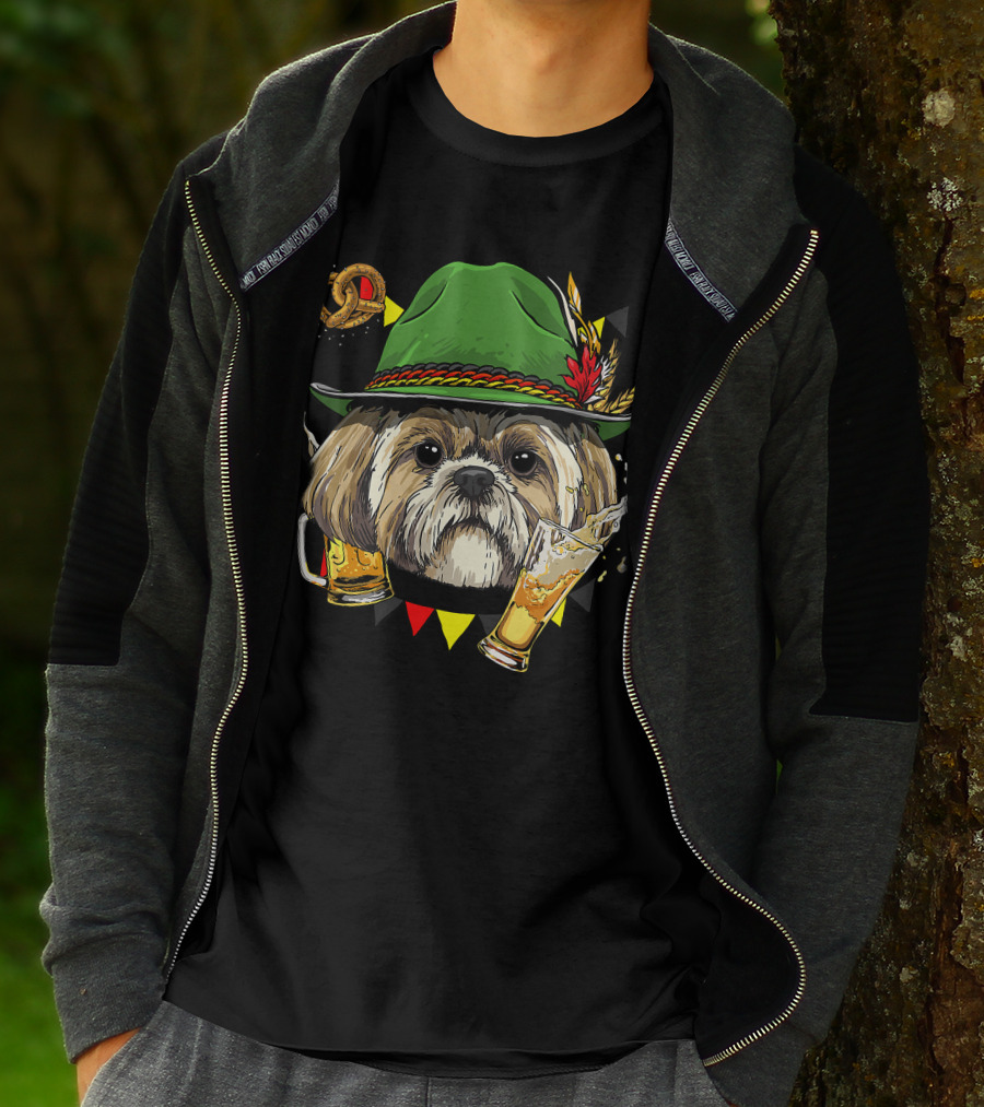 Shih Tzu Oktoberfest Dog With Lederhosen Hat And Beer German Pretzel T-Shirt