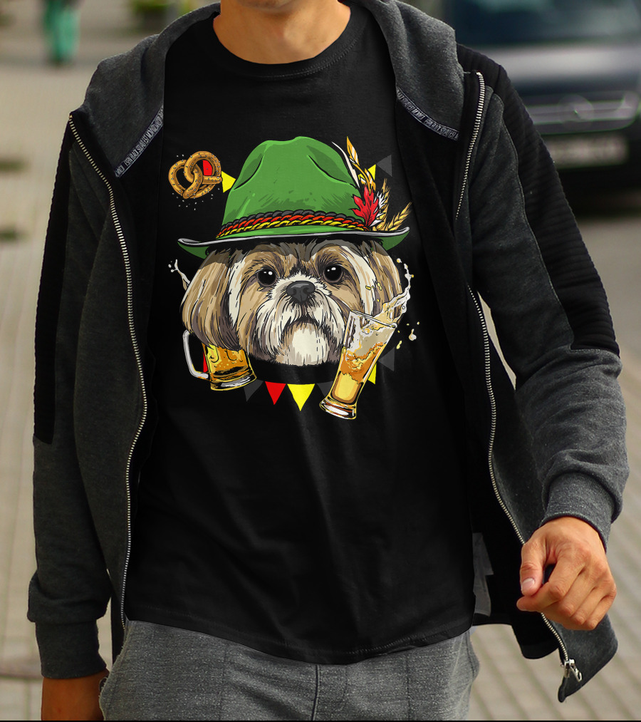 Shih Tzu Oktoberfest Dog With Lederhosen Hat And Beer German Pretzel T-Shirt