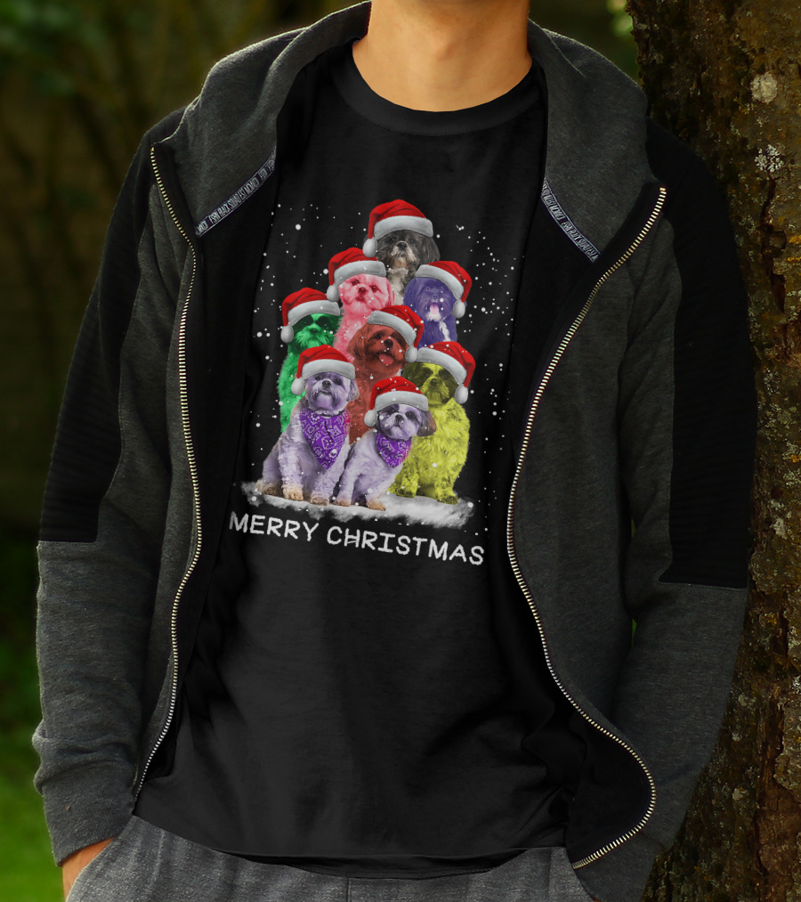 Merry Christmas Shih Tzu Ornament Decoration Santa Hat Xmas Tree Dog T-Shirt