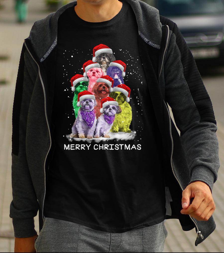 Merry Christmas Shih Tzu Ornament Decoration Santa Hat Xmas Tree Dog T-Shirt