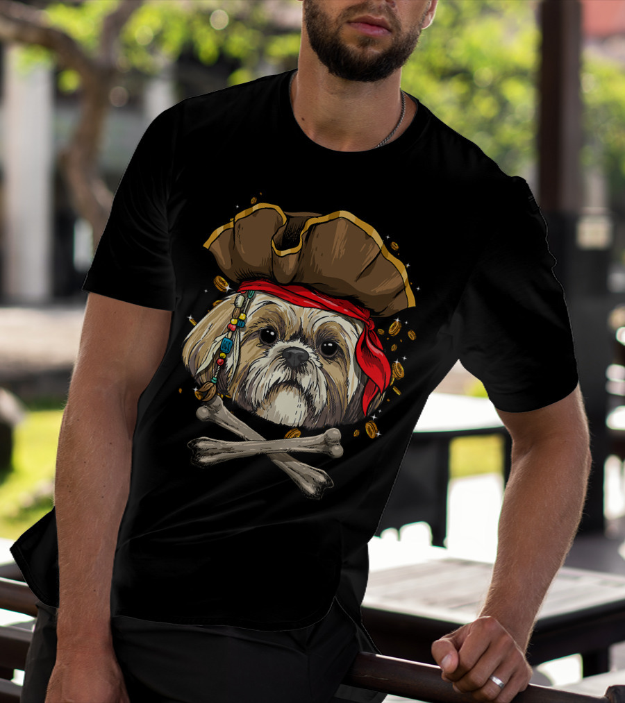 Shih Tzu Pirate Dog Jolly Roger Halloween With Skull And Crossbones T-Shirt