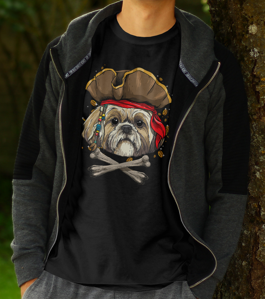 Shih Tzu Pirate Dog Jolly Roger Halloween With Skull And Crossbones T-Shirt