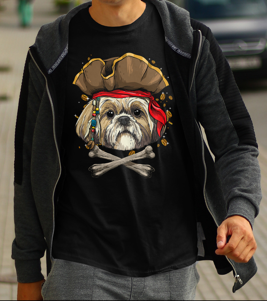 Shih Tzu Pirate Dog Jolly Roger Halloween With Skull And Crossbones T-Shirt