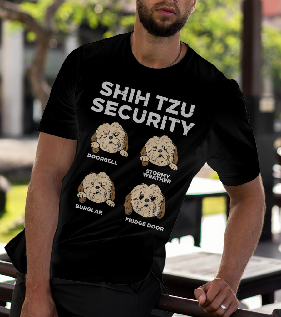 Shih Tzu Security Doorbell Stormy Weather Burglar Fridge Door Funny Dog Lover Owner T-Shirt