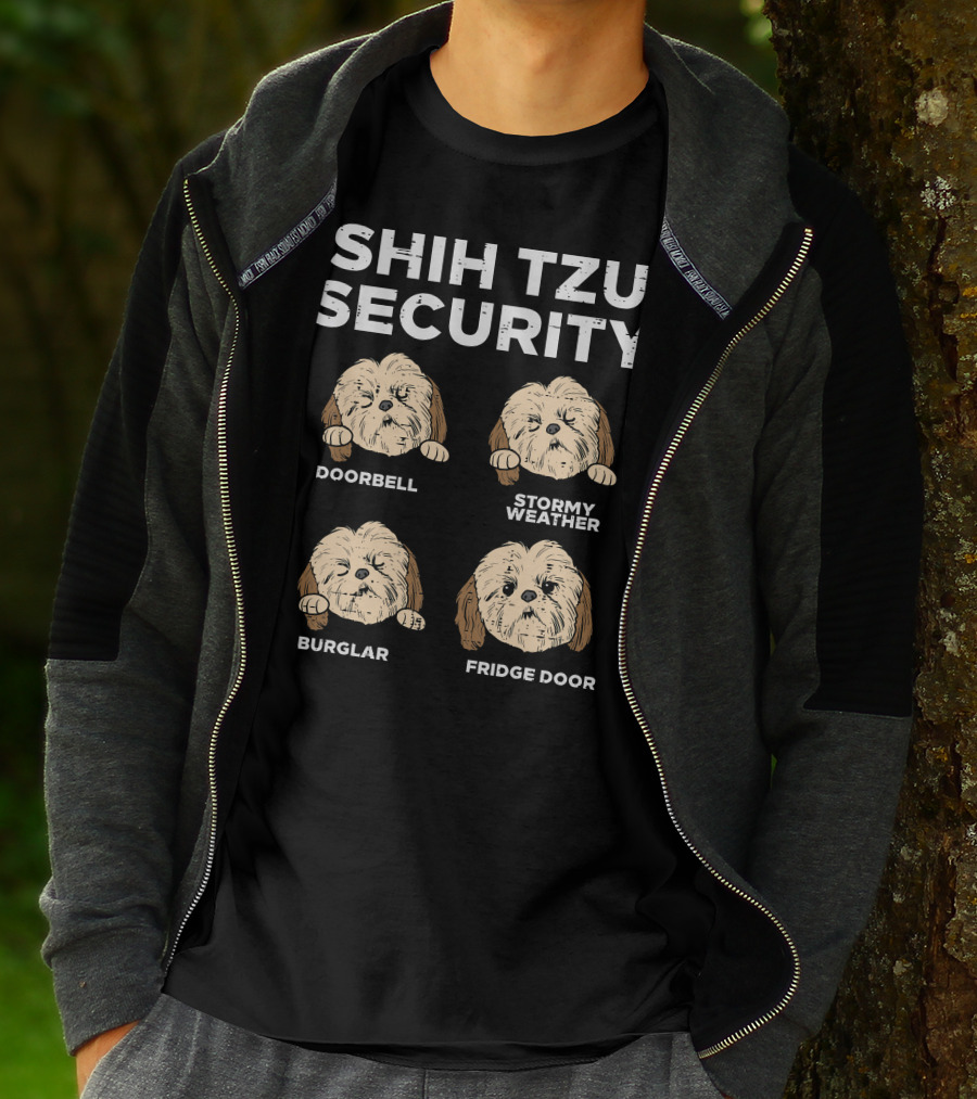 Shih Tzu Security Doorbell Stormy Weather Burglar Fridge Door Funny Dog Lover Owner T-Shirt