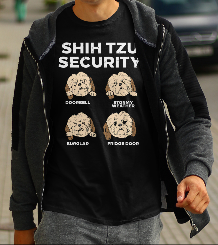 Shih Tzu Security Doorbell Stormy Weather Burglar Fridge Door Funny Dog Lover Owner T-Shirt