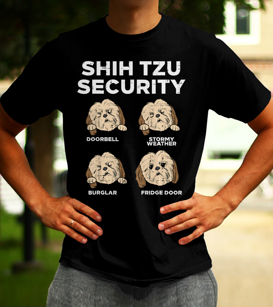 Shih Tzu Security Doorbell Stormy Weather Burglar Fridge Door Funny Dog Lover Owner T-Shirt