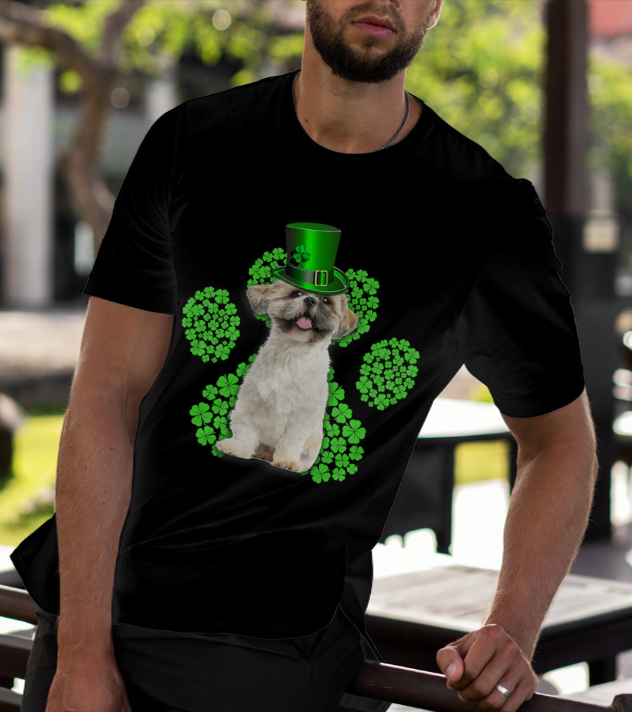 Shih Tzu With Shamrock Paw Prints And Green Hat For St Patrick's Day T-Shirt