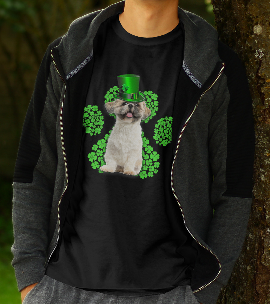 Shih Tzu With Shamrock Paw Prints And Green Hat For St Patrick's Day T-Shirt