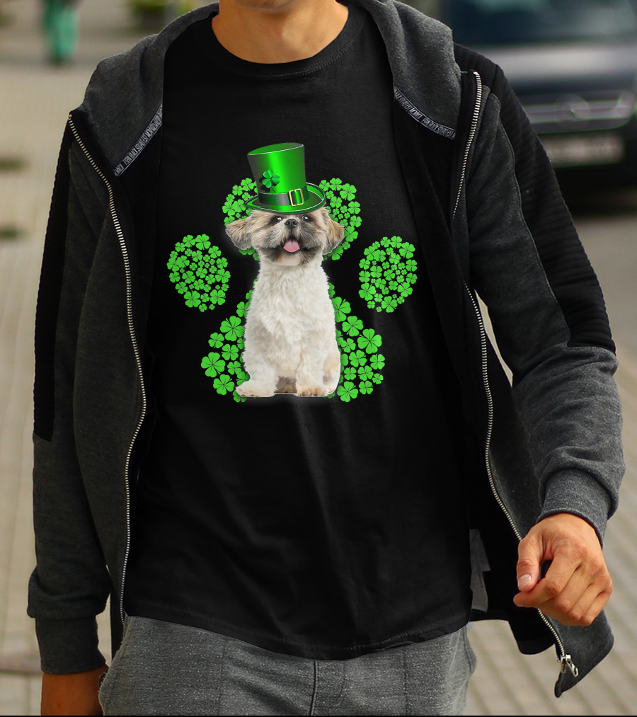 Shih Tzu With Shamrock Paw Prints And Green Hat For St Patrick's Day T-Shirt