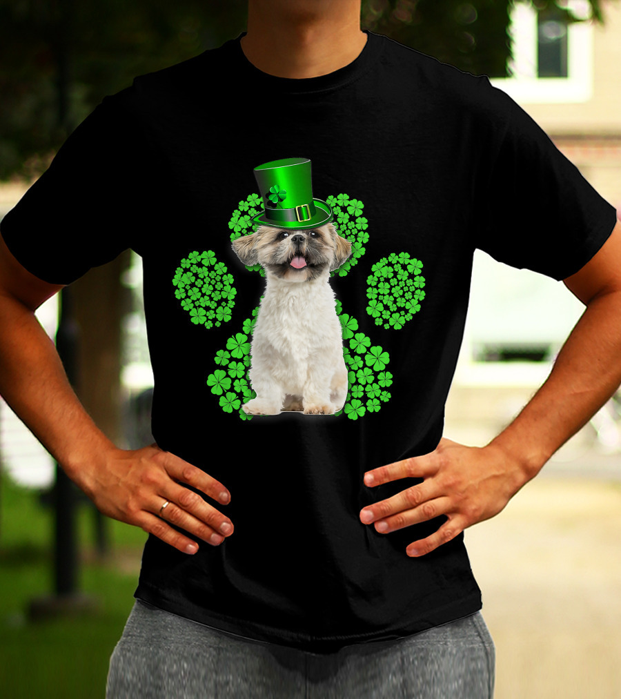 Shih Tzu With Shamrock Paw Prints And Green Hat For St Patrick's Day T-Shirt