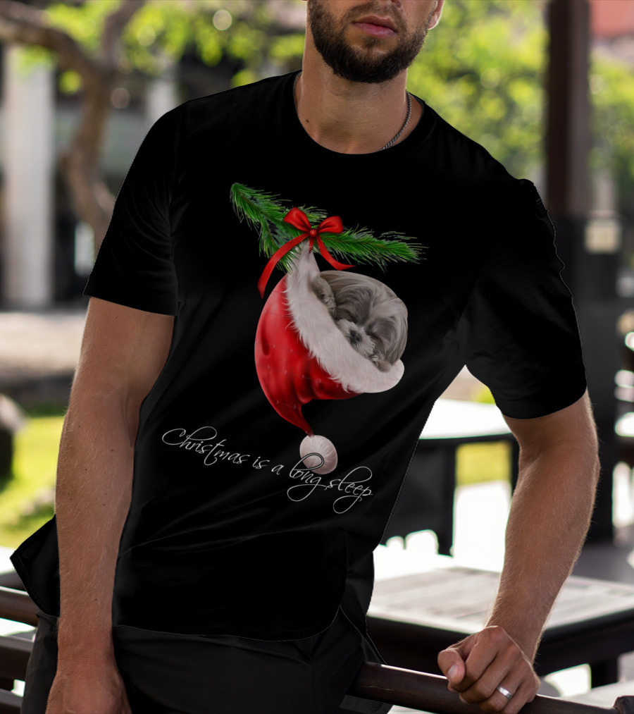 Shih Tzu Sleeping In Santa's Hat Christmas Is A Snuggly Dream T-Shirt